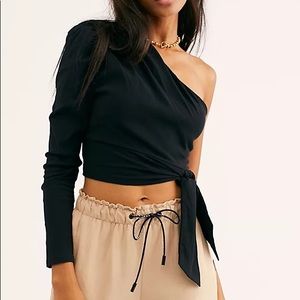 Free People One Shoulder Black Top (CARMEN LONG SLEEVE TOP)